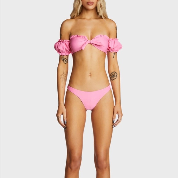 NEW! Pink Ruffled Puff Sleeve Bow Bikini 🎀 - Picture 1 of 15